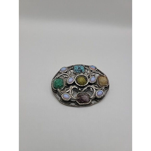 Vintage Miracle Scottish Celtic Brooch Faux Agate Opal Glass Stones Silver tone - Picture 3 of 13